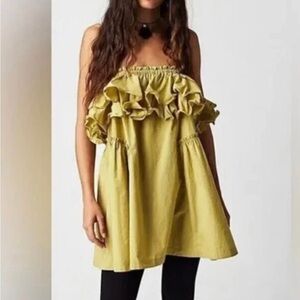 Free People Babydoll Ruffled Strapless Green Dress